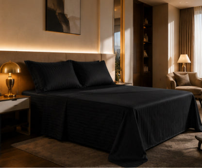Dreamr Premium Hotel Stripe Fitted Bedsheet Set - Midnight Black