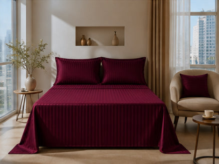 Dreamr Premium Hotel Stripe Fitted Bedsheet Set - Burgundy Wine