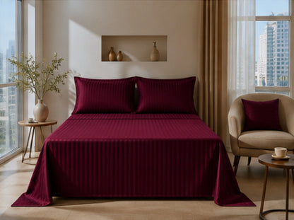 Dreamr Premium Hotel Stripe Fitted Bedsheet Set - Burgundy Wine