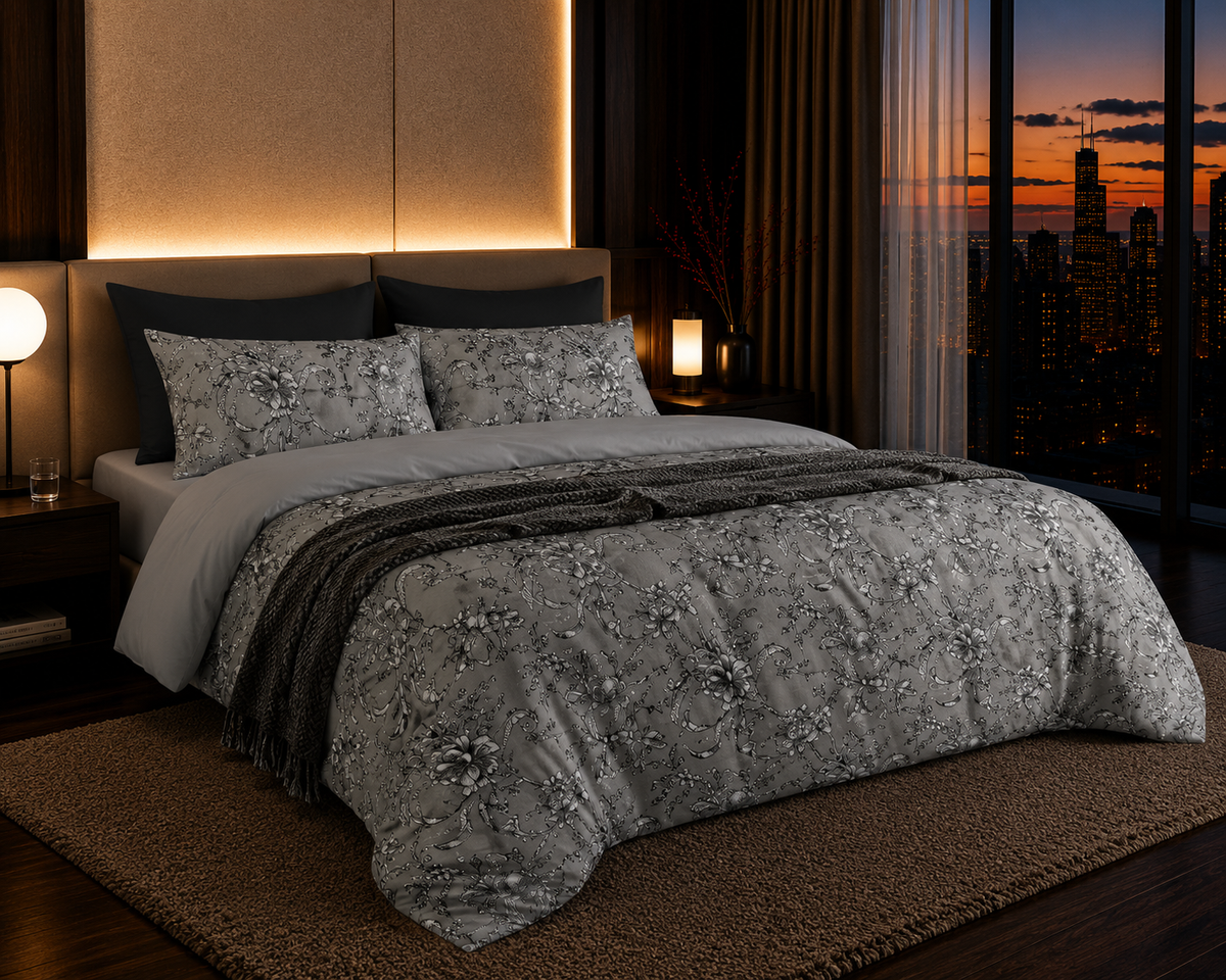 Dreamr Silver Floral Premium Fitted Bedsheet Set