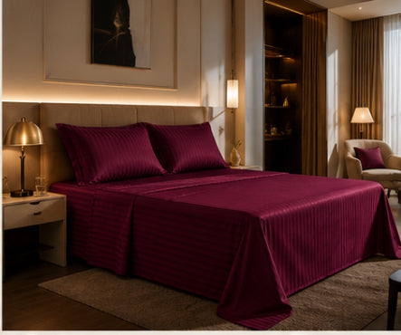 Dreamr Premium Hotel Stripe Fitted Bedsheet Set - Burgundy Wine