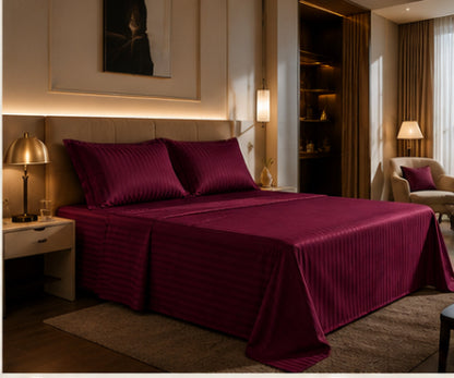 Dreamr Premium Hotel Stripe Fitted Bedsheet Set - Burgundy Wine