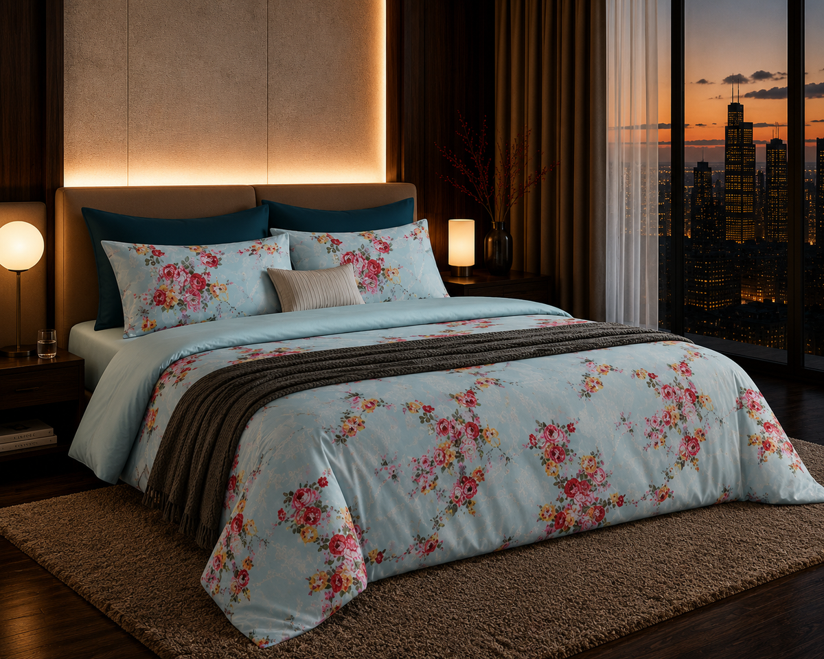 Dreamr Blue Floral Garden Premium Fitted Bedsheet Set