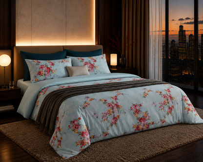 Dreamr Blue Floral Garden Premium Fitted Bedsheet Set