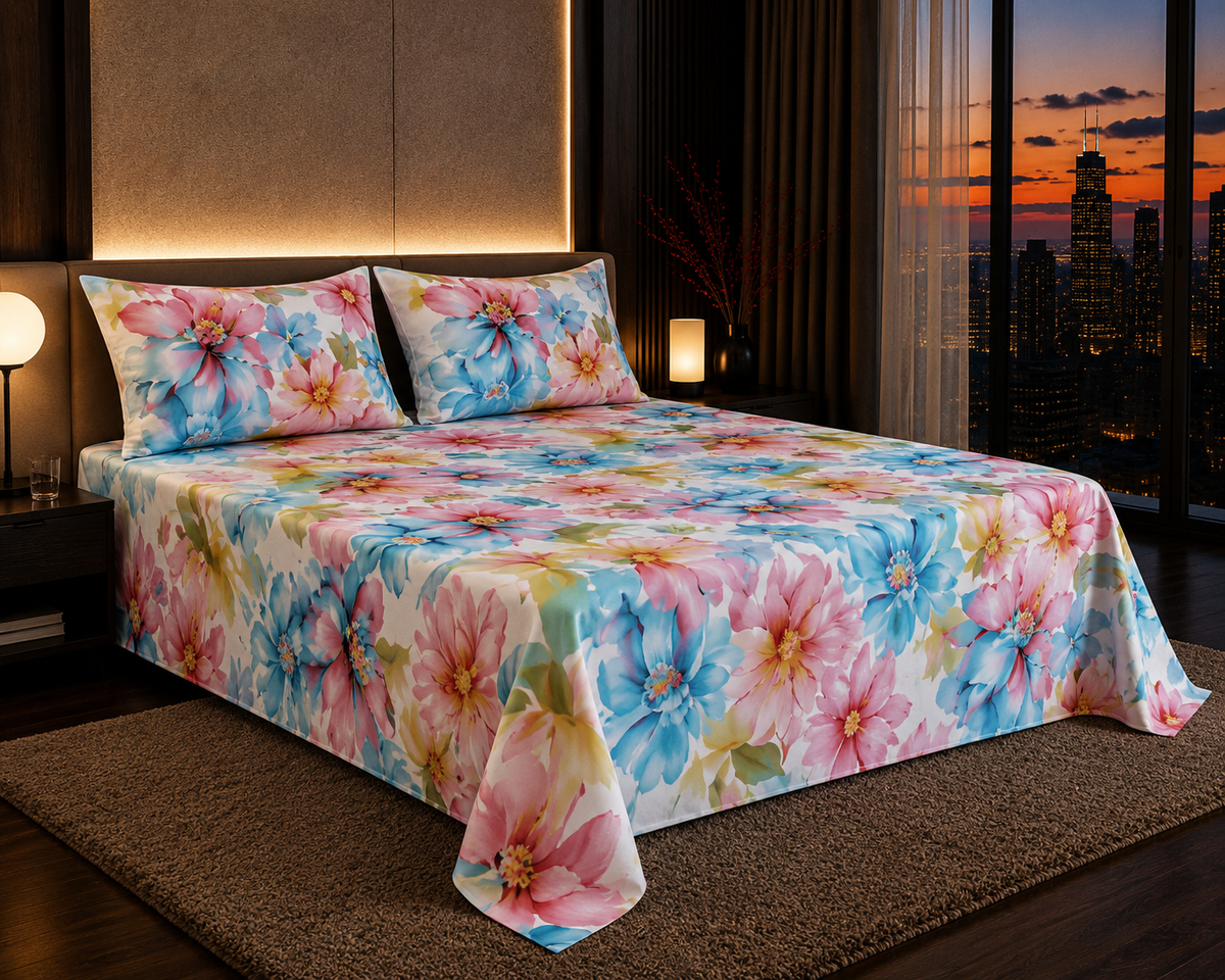 Dreamr Watercolor Blossom Premium Fitted Bedsheet Set