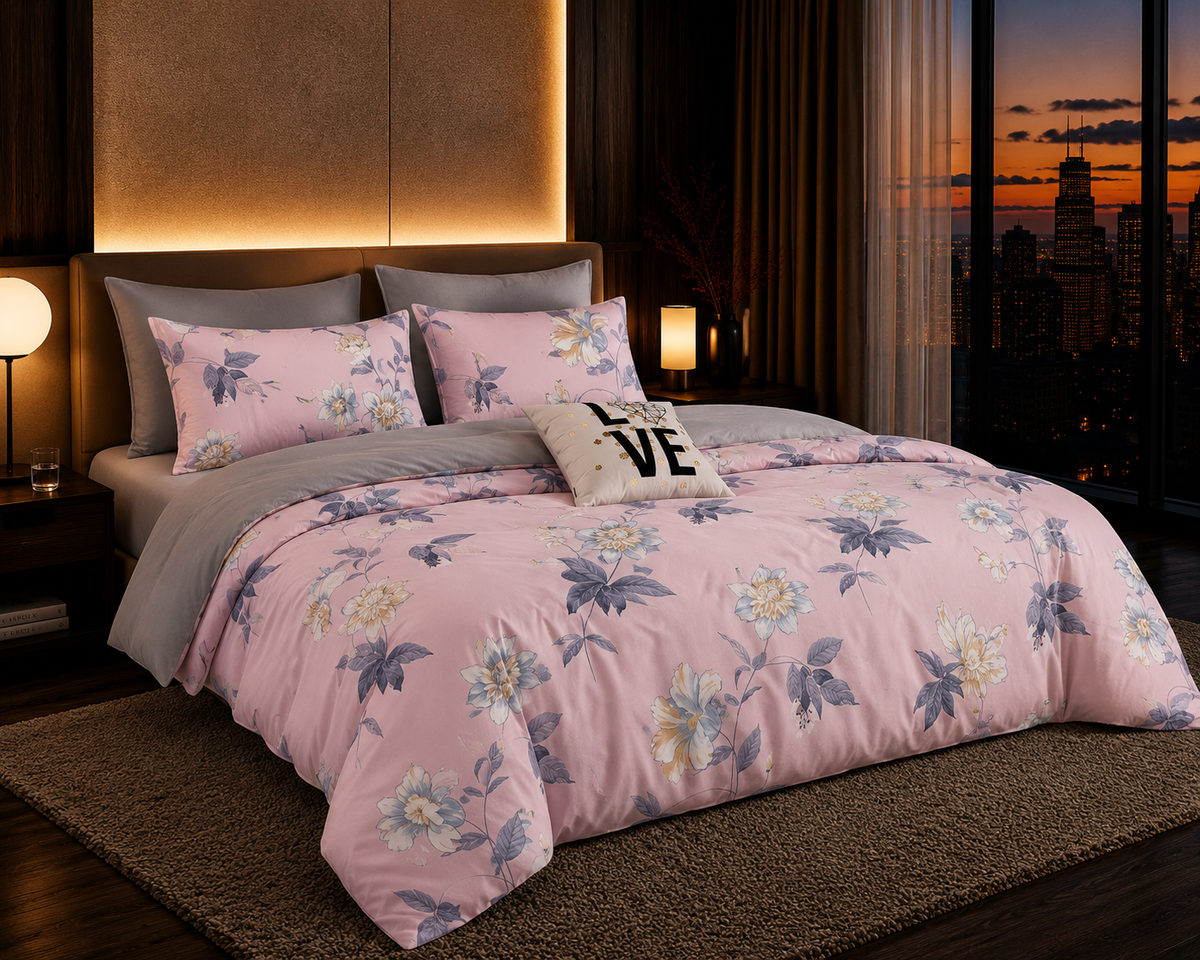 Dreamr Pink Blossom Premium Fitted Bedsheet Set