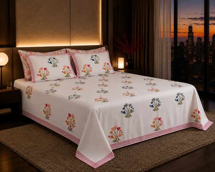 Wildflower Bloom Handblock Percale Cotton Bedsheet Set