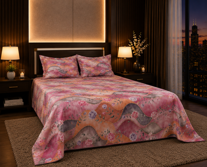 Dreamr Pink Wave Floral Premium Fitted Bedsheet Set