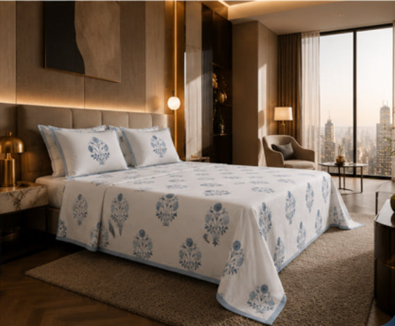 Indigo Heritage Handblock Percale Cotton Bedsheet Set