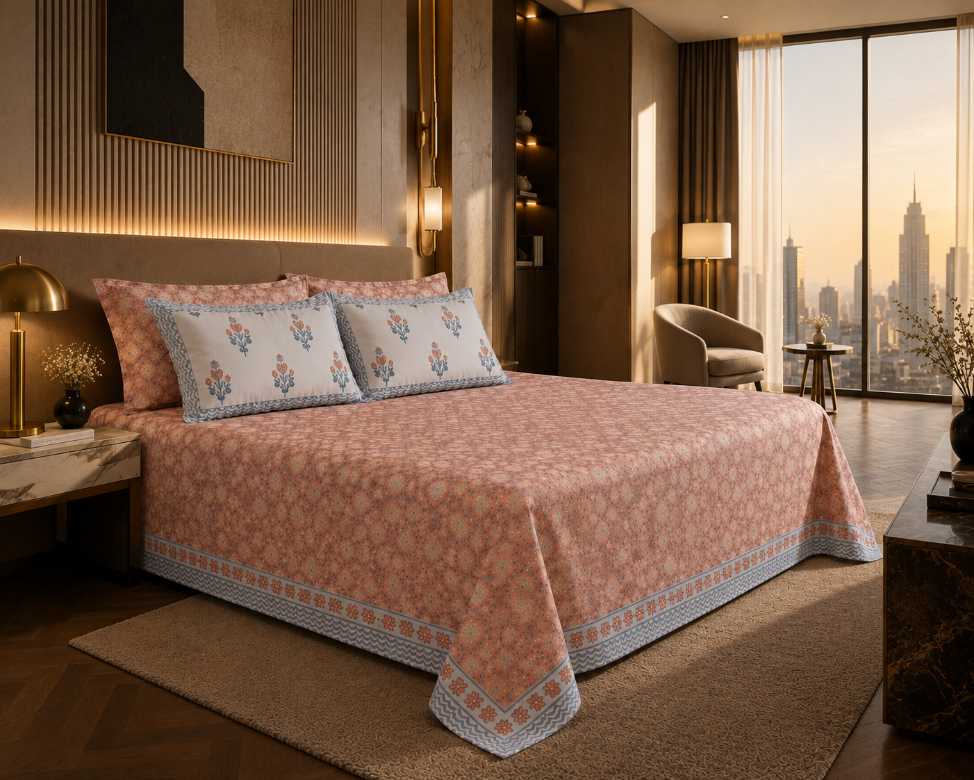 Rosewood Garden Handblock Percale Cotton Bedsheet Set