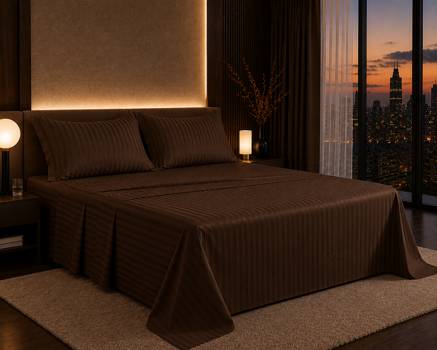 Dreamr Premium Hotel Stripe Fitted Bedsheet Set - Cocoa Brown